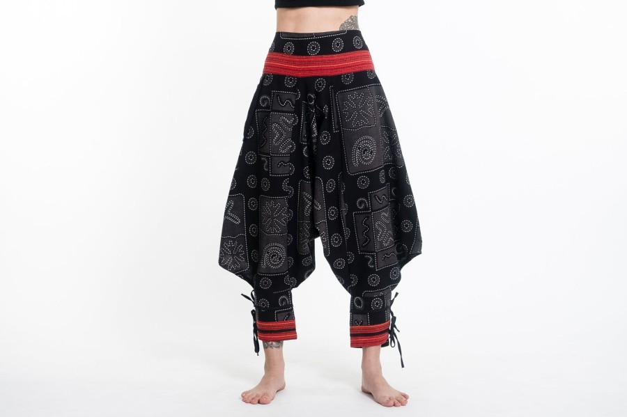 Women HaremPants | And Gray Thai Hill Tribe Fabric Women'S Harem Pants With Ankle Straps Black