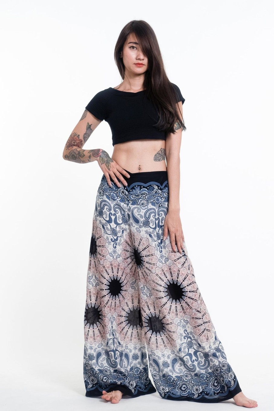 Women HaremPants | Paisley Mandalas Palazzo Style Harem Pants In Silver Gray