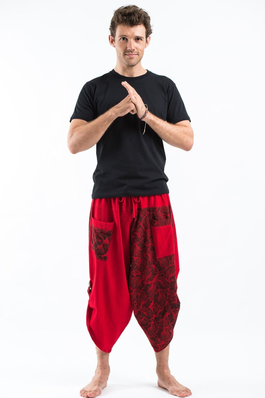 Men HaremPants | Two Tone Leaves Prints Men'S Three Quarter Pants In Red