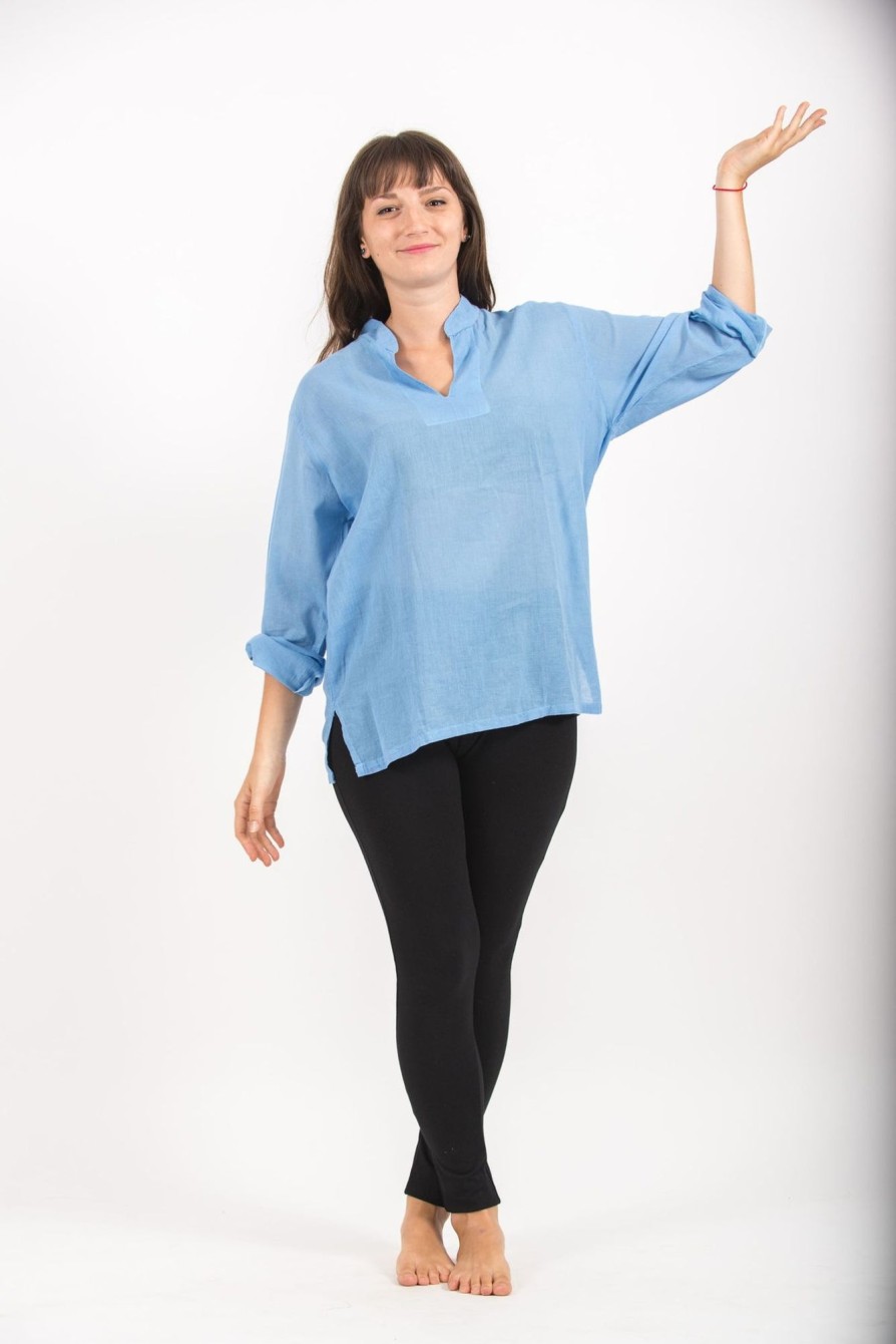 Women HaremPants | Womens Yoga Shirts Nehru Collared In Blue