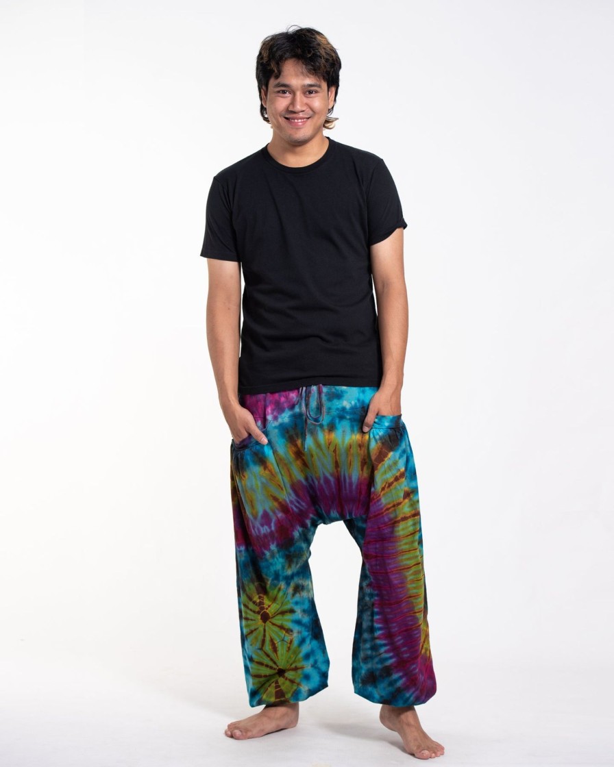 Men HaremPants | Tie Dye Cotton Men Harem Pants In Blue Yellow