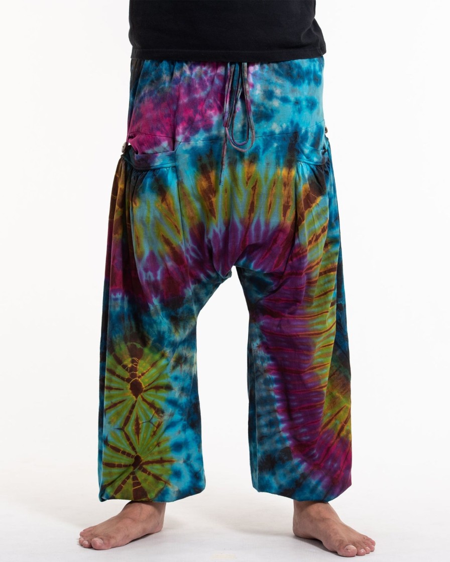 Men HaremPants | Tie Dye Cotton Men Harem Pants In Blue Yellow