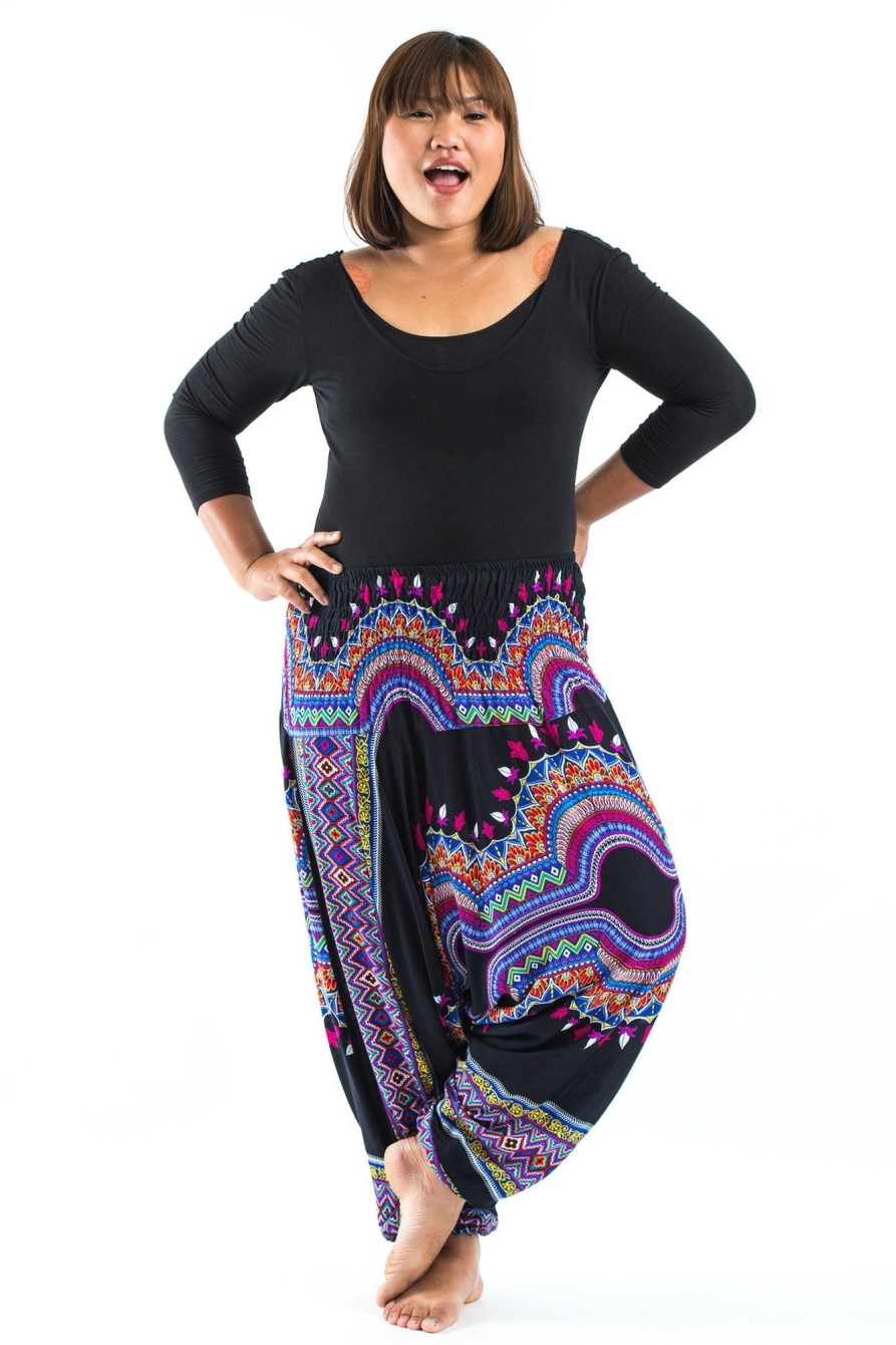 Women HaremPants | Plus Size Dashiki Prints 2-In-1 Jumpsuit Harem Pants In Black