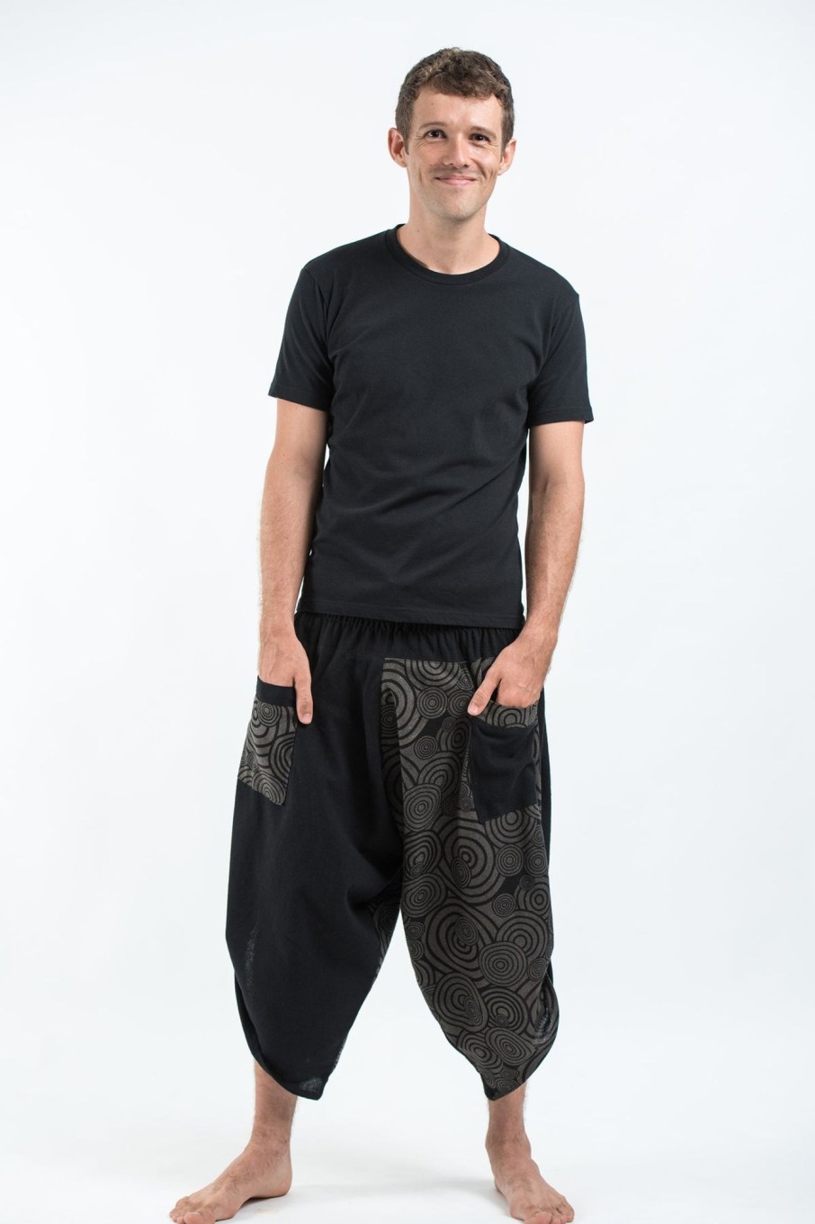 Men HaremPants | Two Tone Swirls Prints Men'S Three Quarter Pants In Black Gray