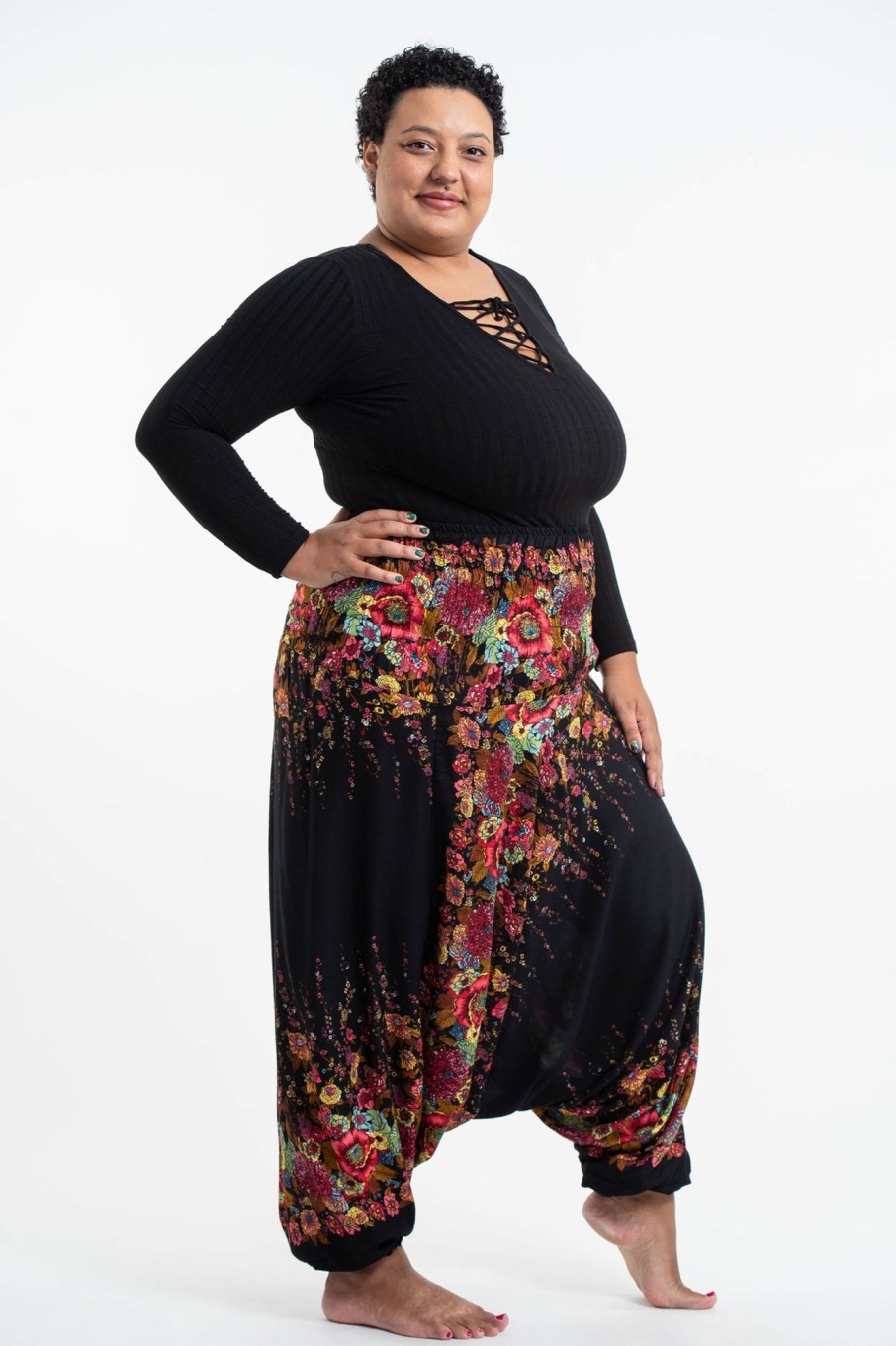 Plus Size HaremPants | Plus Size Floral 2-In-1 Jumpsuit Harem Pants In Black