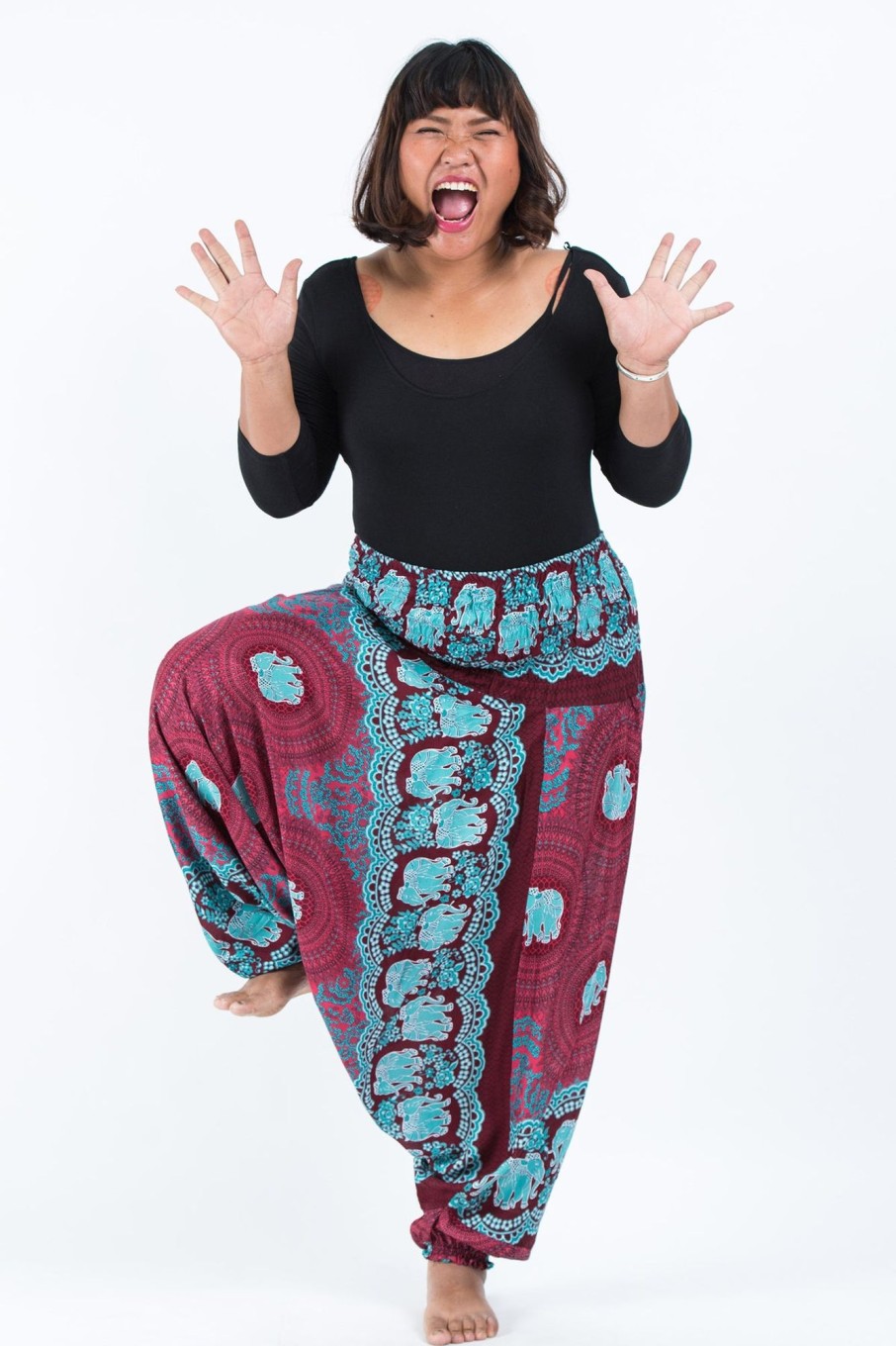 Women HaremPants | Plus Size Mandala Elephant 2-In-1 Jumpsuit Elephant Pants In Red