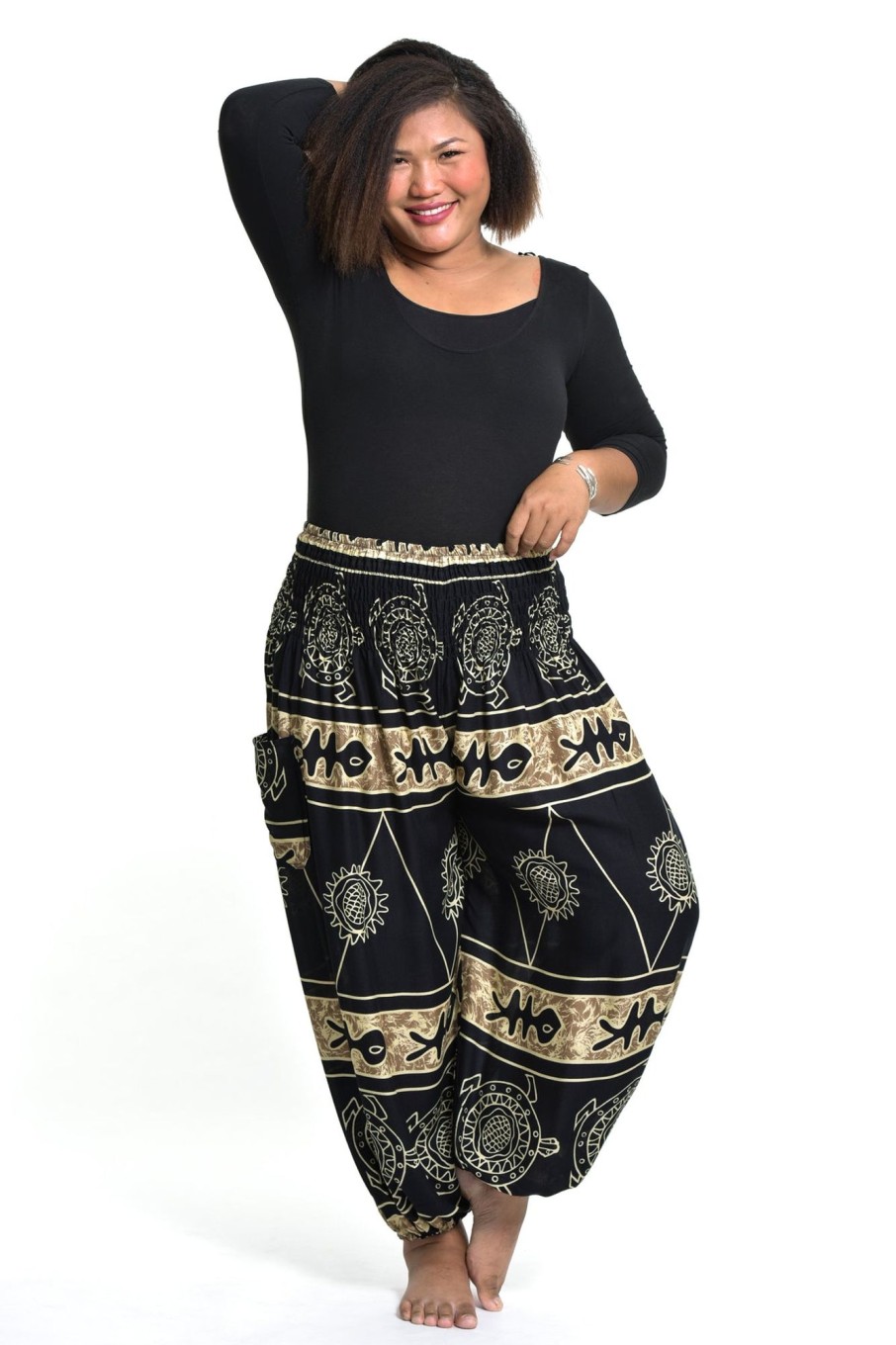 Plus Size HaremPants | Plus Size Turtle Print Women'S Harem Pants In Gold