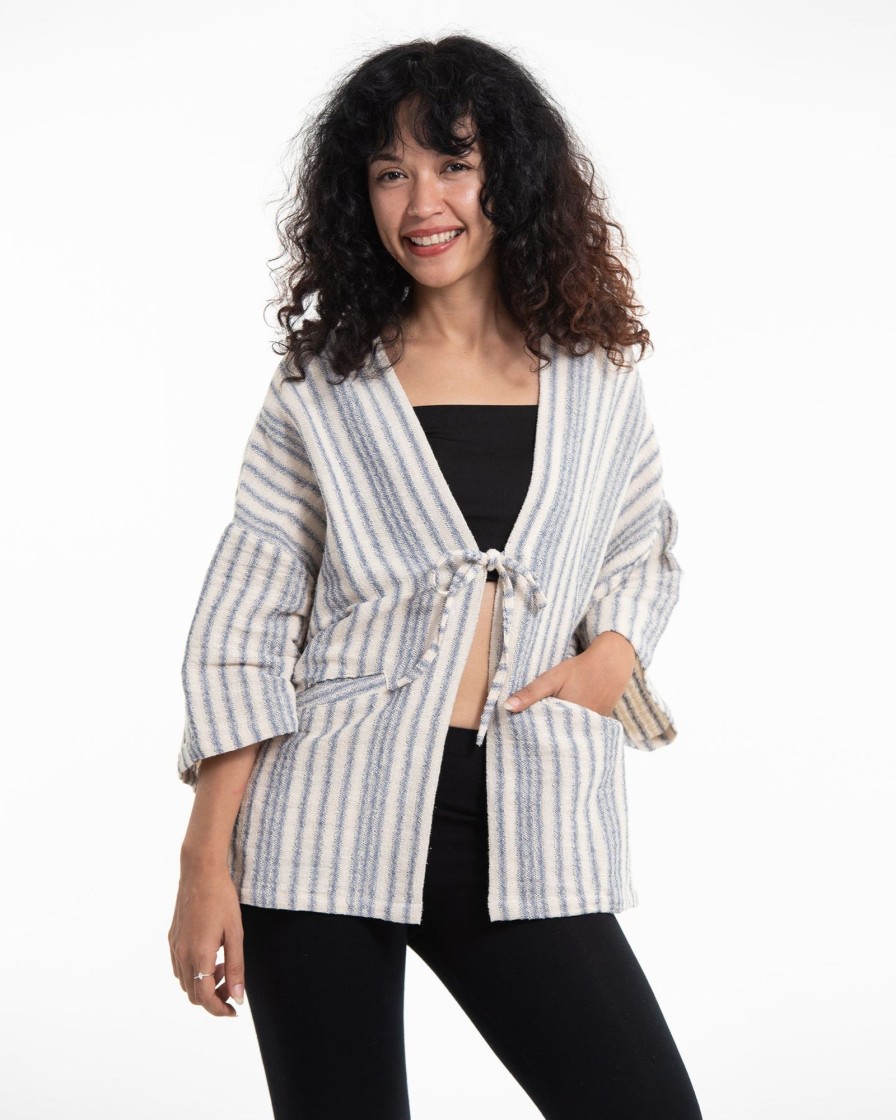 Women HaremPants | Cotton Kimono Cardigan In White And Blue White Blue