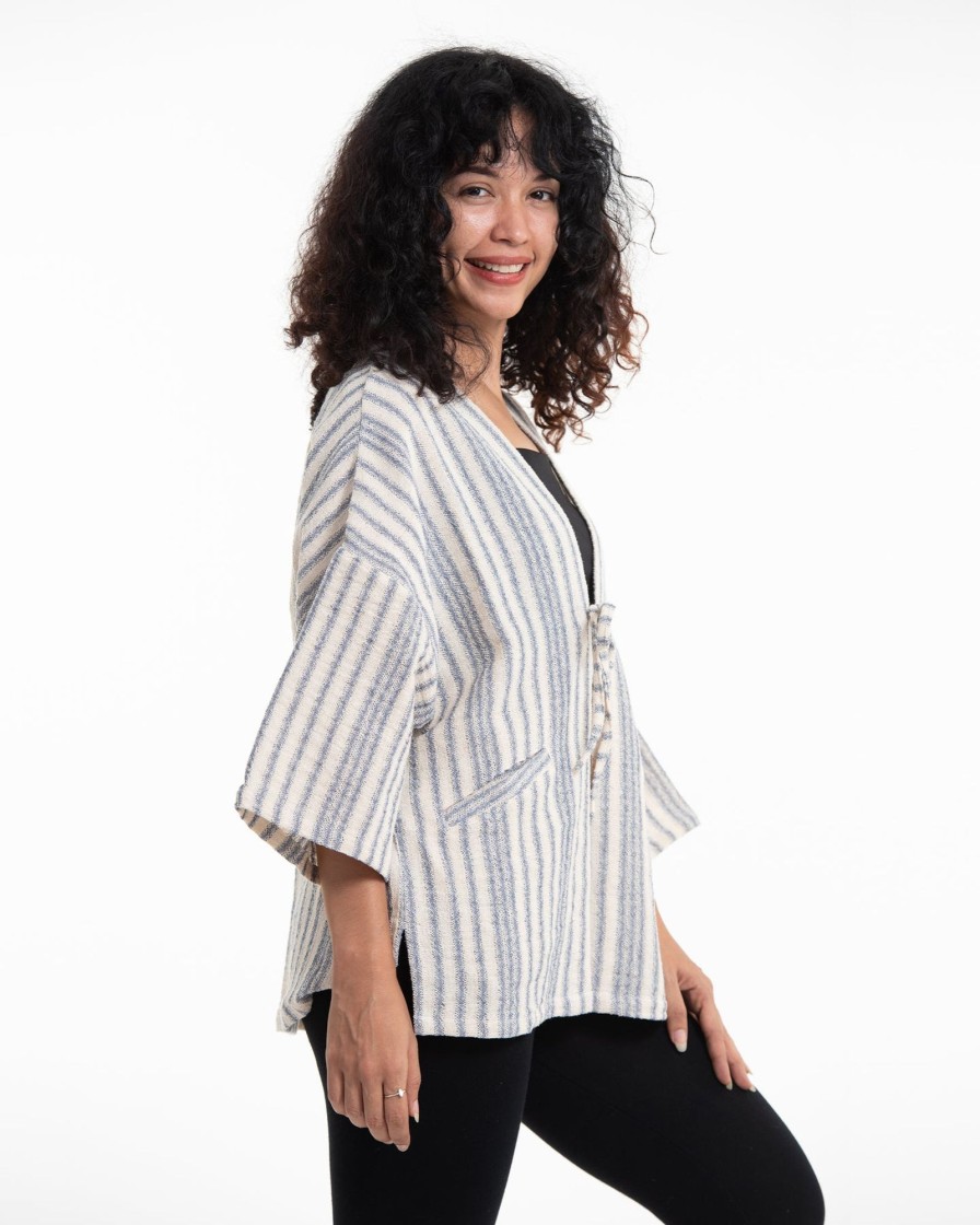 Women HaremPants | Cotton Kimono Cardigan In White And Blue White Blue