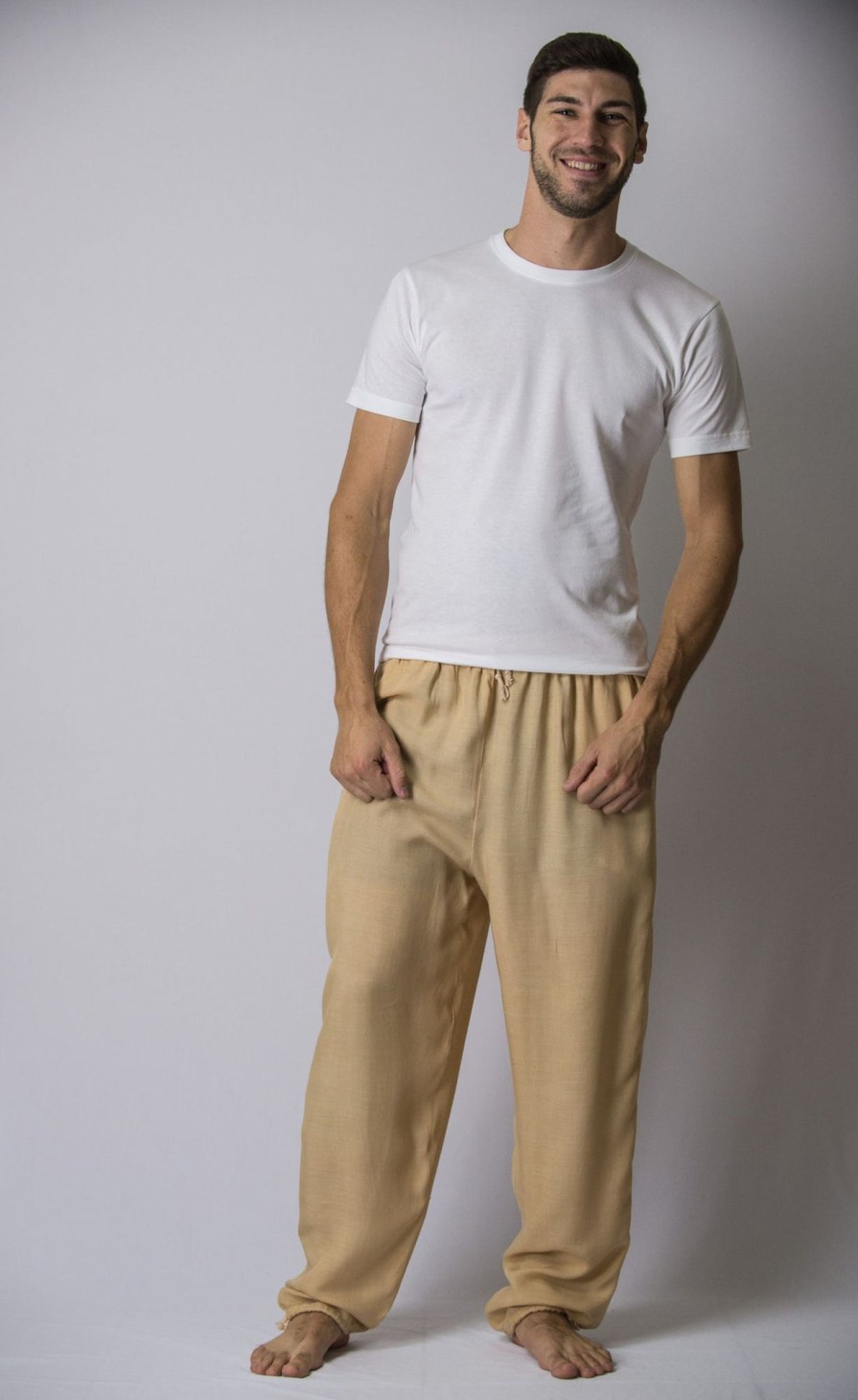 Men HaremPants | Solid Color Drawstring Men'S Yoga Massage Pants In Cream