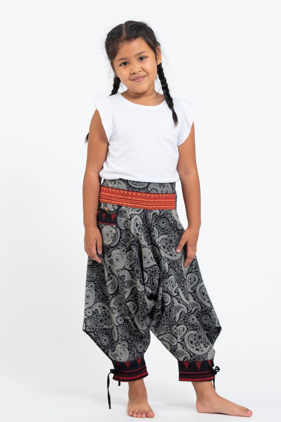 Kids HaremPants | Paisley Thai Hill Tribe Fabric Kids Harem Pants With Ankle Straps In Black