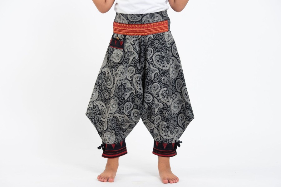 Kids HaremPants | Paisley Thai Hill Tribe Fabric Kids Harem Pants With Ankle Straps In Black