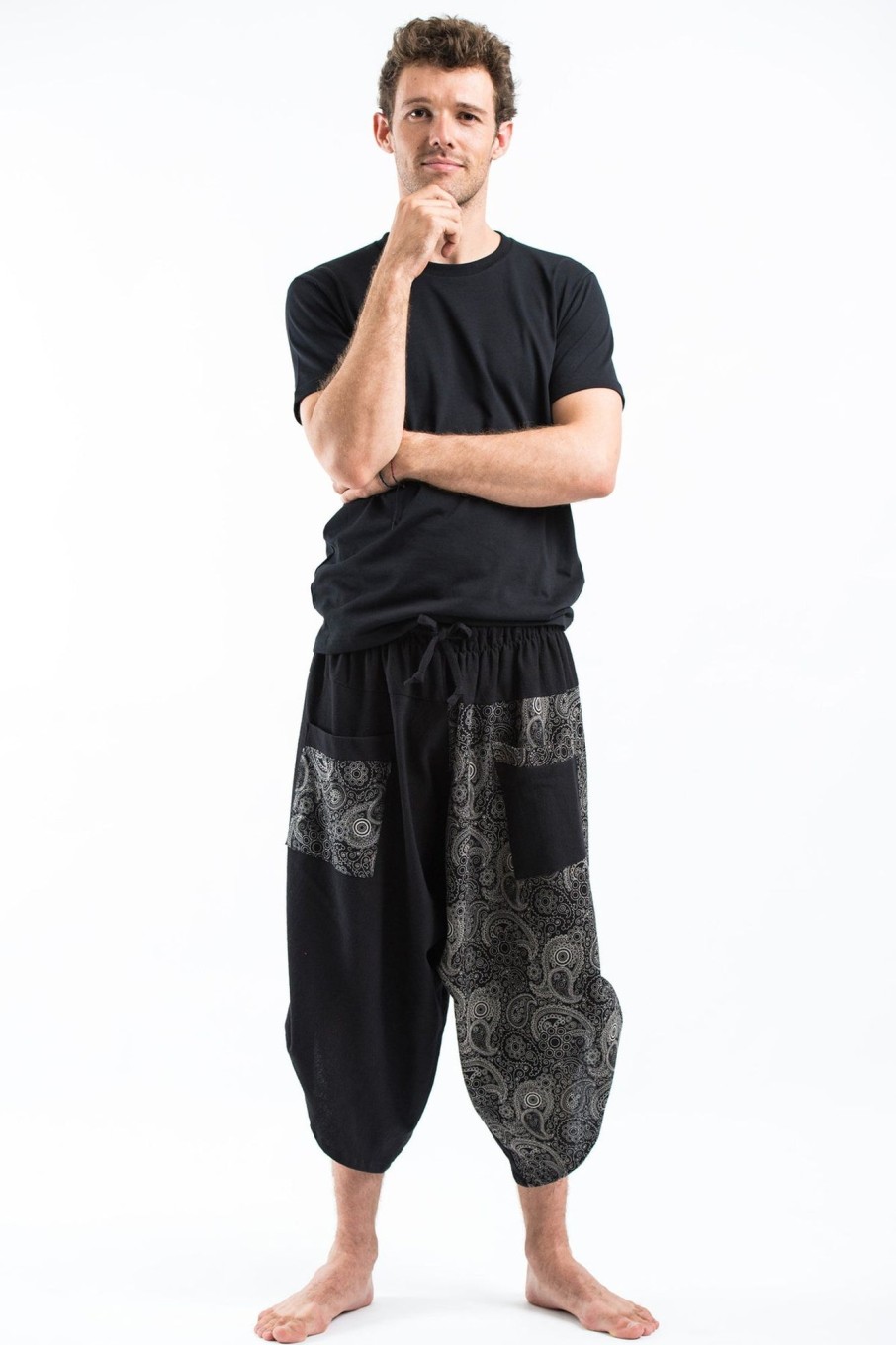 Men HaremPants | Two Tone Paisley Prints Men'S Three Quarter Pants In Black