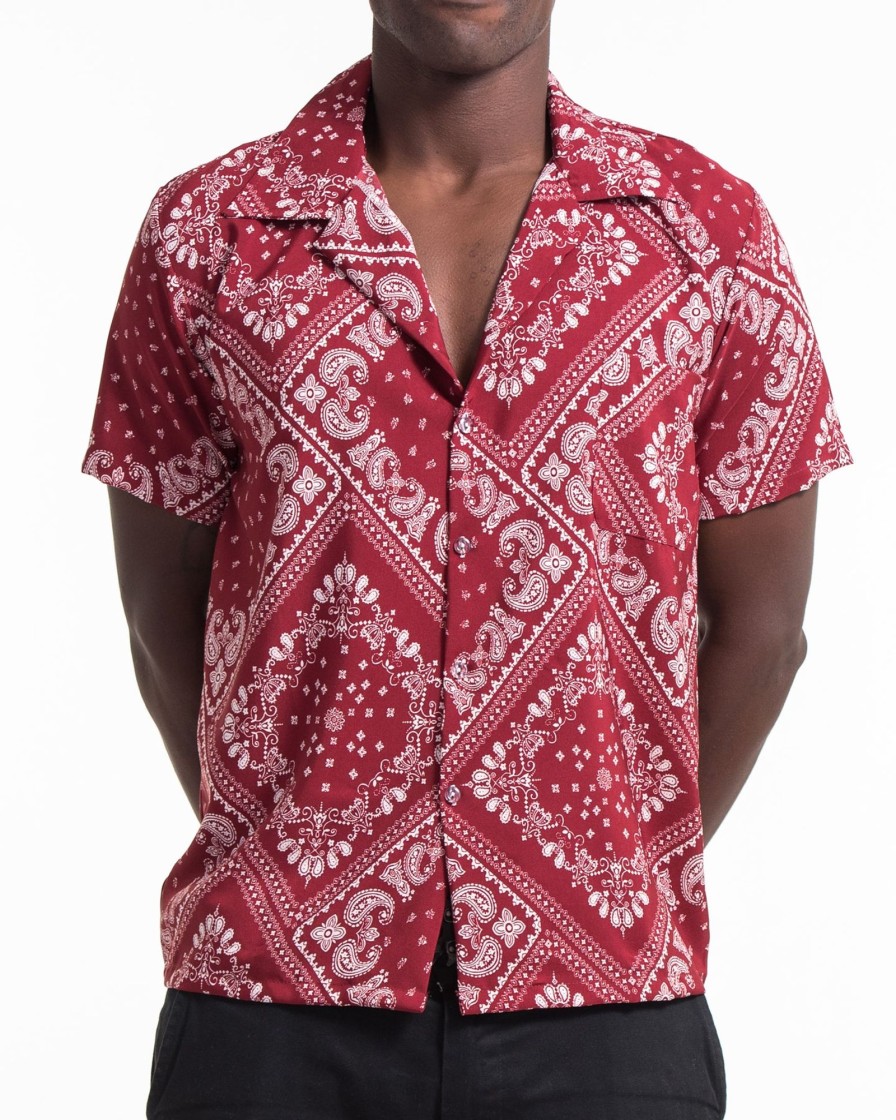 Men HaremPants | Patchwork Paisley Short Sleeve Button Shirt In Red