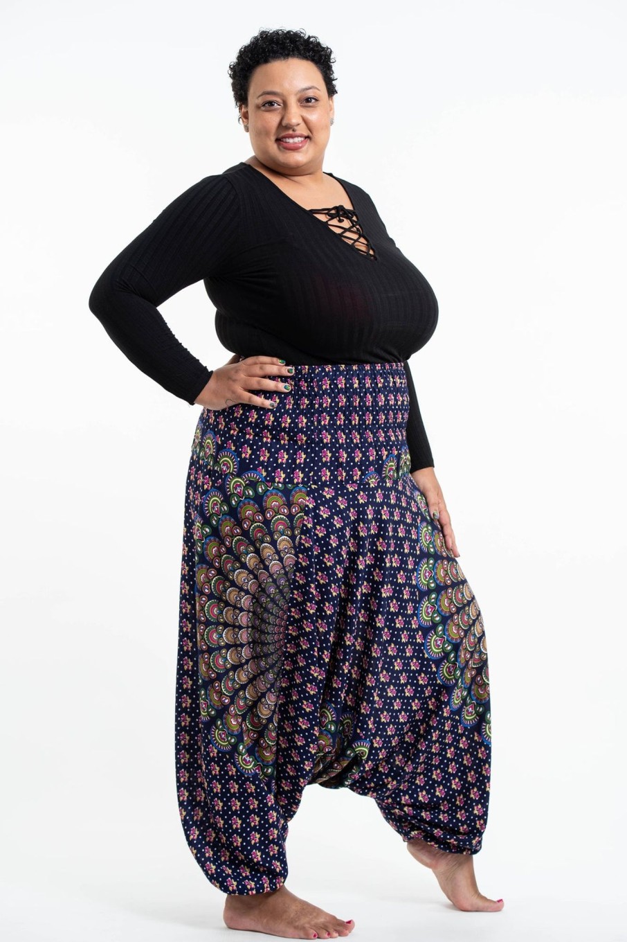 Plus Size HaremPants | Plus Size Peacock Mandalas 2-In-1 Jumpsuit Harem Pants In Blue