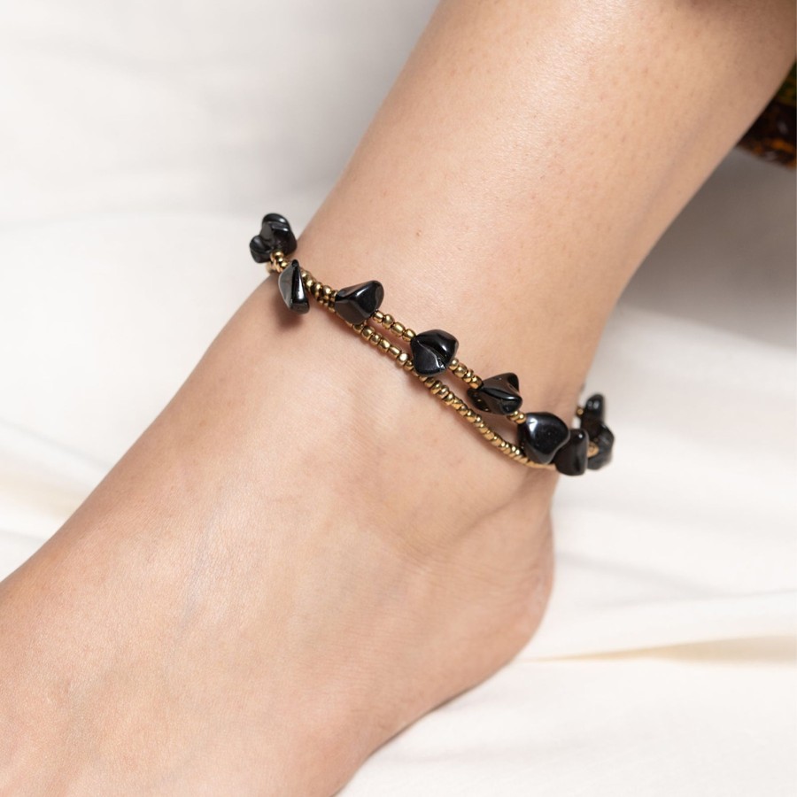 Accessories HaremPants | Hand Made Fair Trade Anklet Double Strand Brass Beads Onyx Black