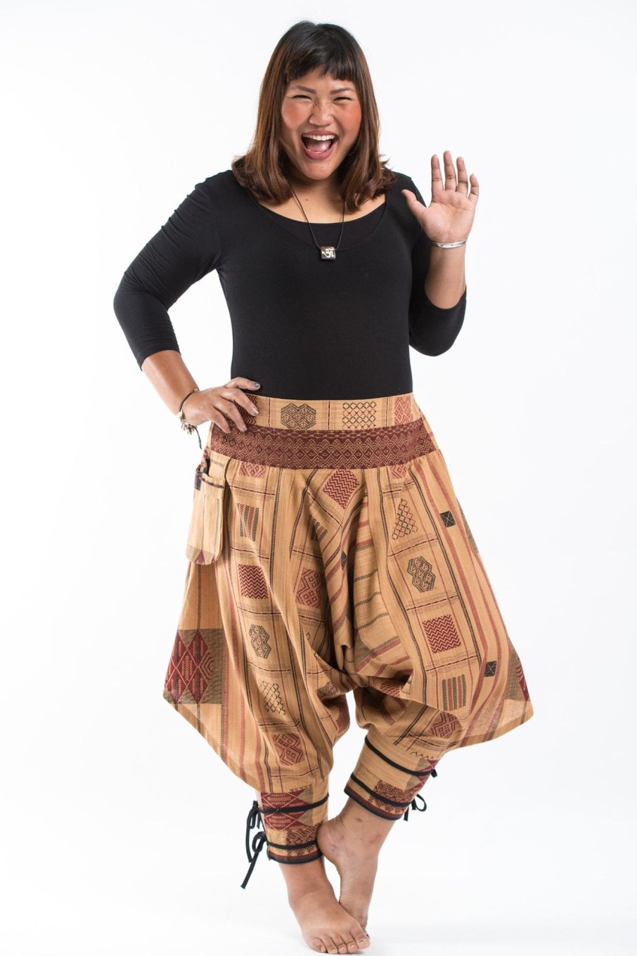 Plus Size HaremPants | Plus Size Thai Hill Tribe Fabric Women Harem Pants With Ankle Straps In Beige