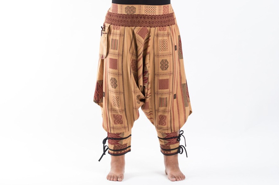 Plus Size HaremPants | Plus Size Thai Hill Tribe Fabric Women Harem Pants With Ankle Straps In Beige