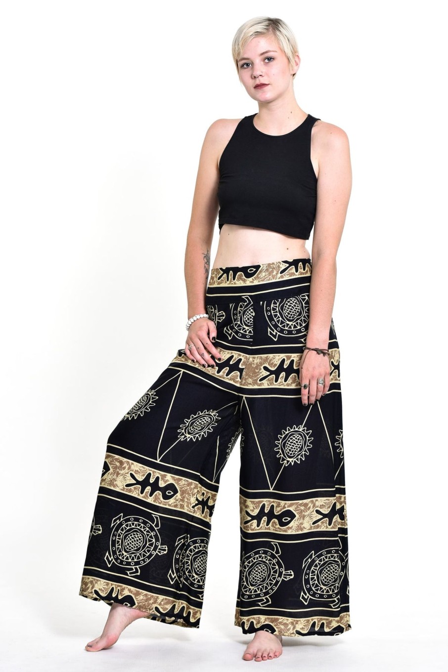 Women HaremPants | Turtle Print Palazzo Style Harem Pants In Gold