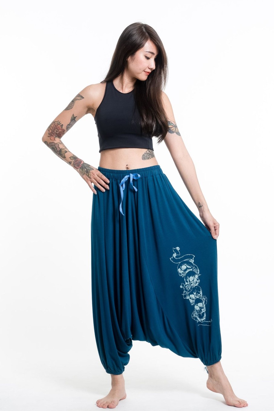 Women HaremPants | Skulls Print Drawstring Low Cut Harem Pants Cotton Spandex In Turquoise