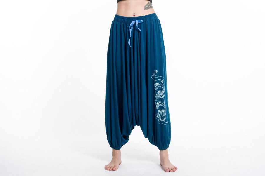 Women HaremPants | Skulls Print Drawstring Low Cut Harem Pants Cotton Spandex In Turquoise