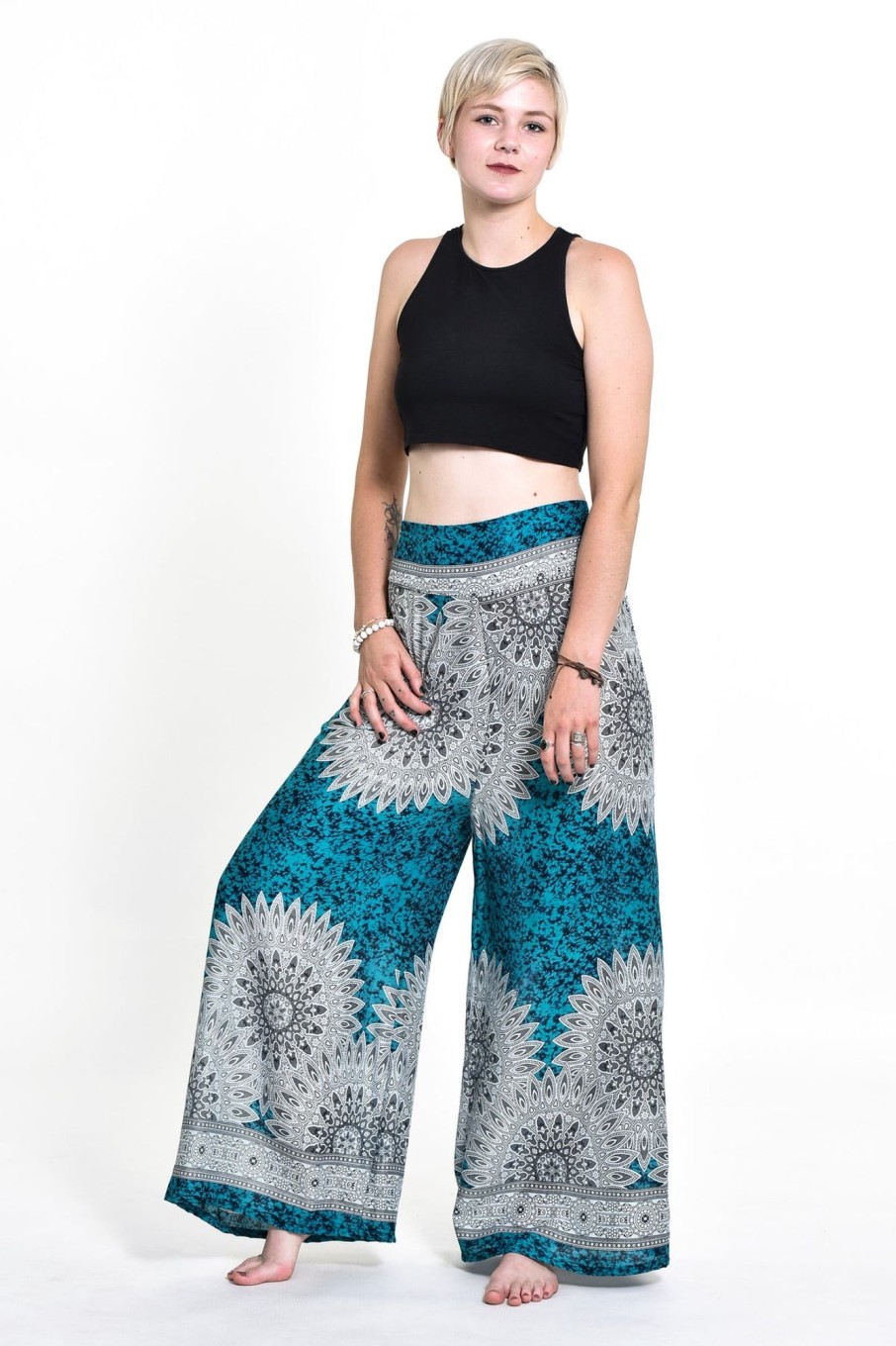 Women HaremPants | Marble Mandalas Palazzo Style Harem Pants In Turquoise