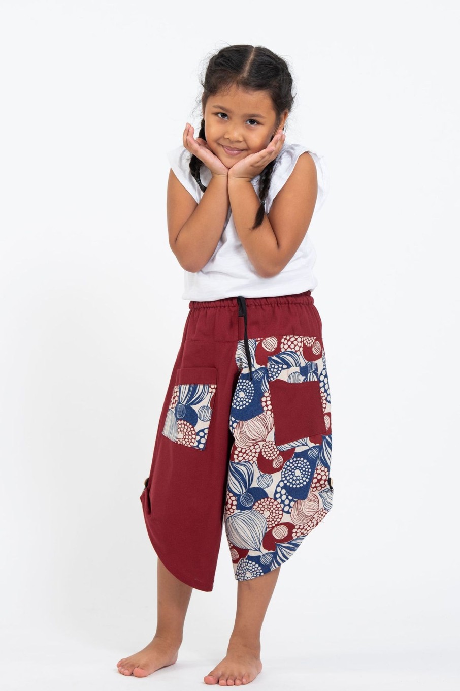 Kids HaremPants | Two Tone Leaves Prints Kids Three Quarter Pants In Red