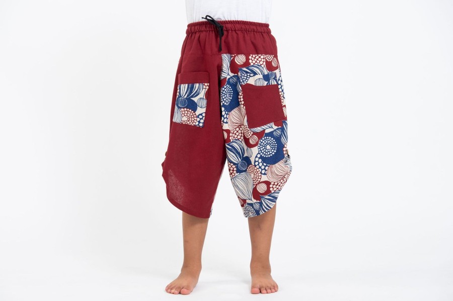 Kids HaremPants | Two Tone Leaves Prints Kids Three Quarter Pants In Red