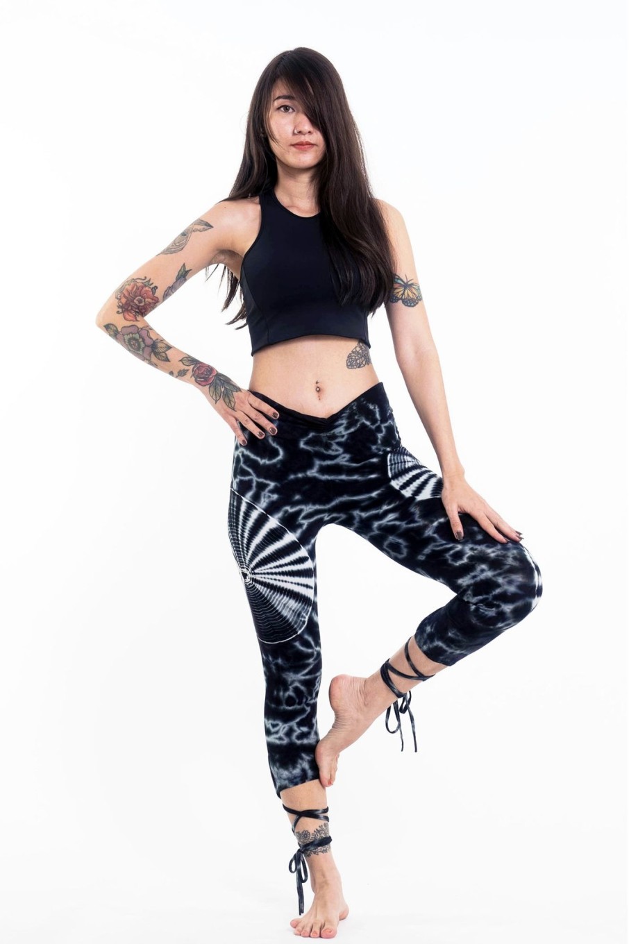 Women HaremPants | Swirls Tie Dye Cotton Capri Leggings In Black