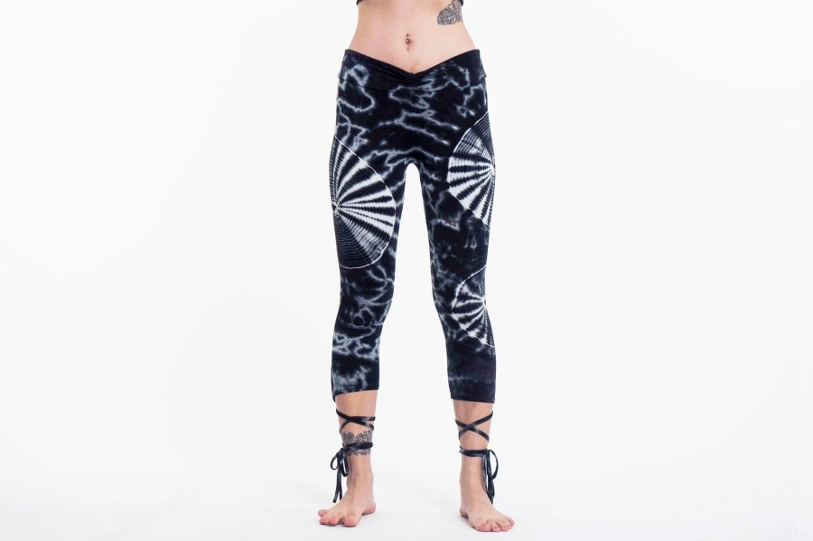 Women HaremPants | Swirls Tie Dye Cotton Capri Leggings In Black