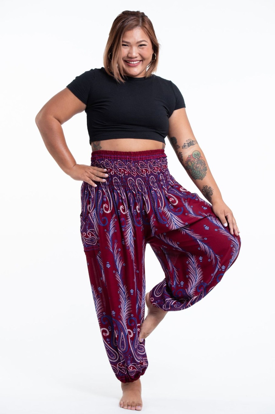 Plus Size HaremPants | Plus Size Paisley Feathers Women'S Harem Pants In Red