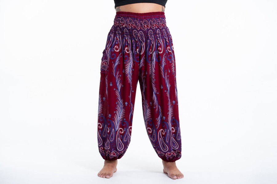 Plus Size HaremPants | Plus Size Paisley Feathers Women'S Harem Pants In Red