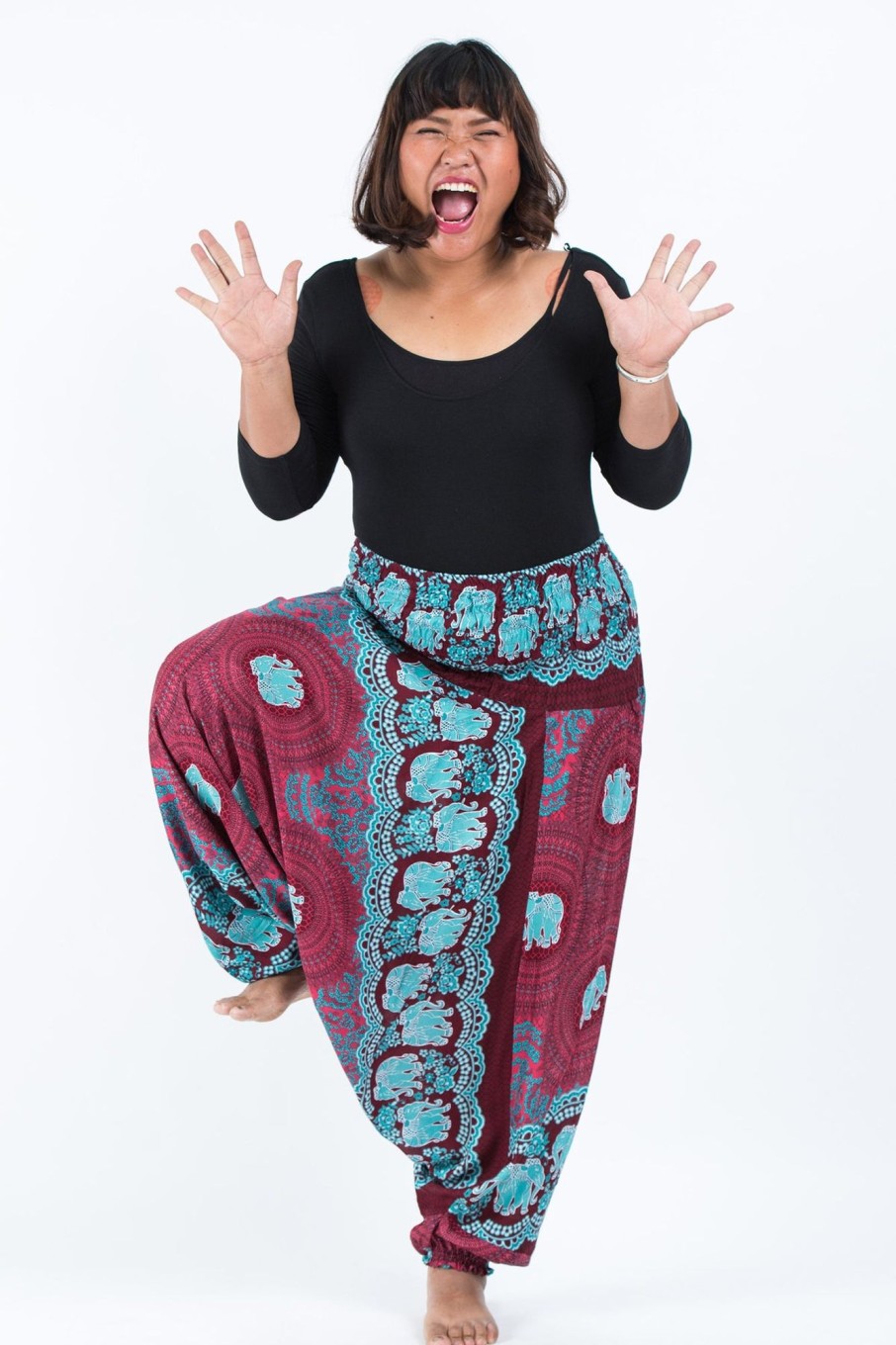 Plus Size HaremPants | Plus Size Mandala Elephant 2-In-1 Jumpsuit Elephant Pants In Red