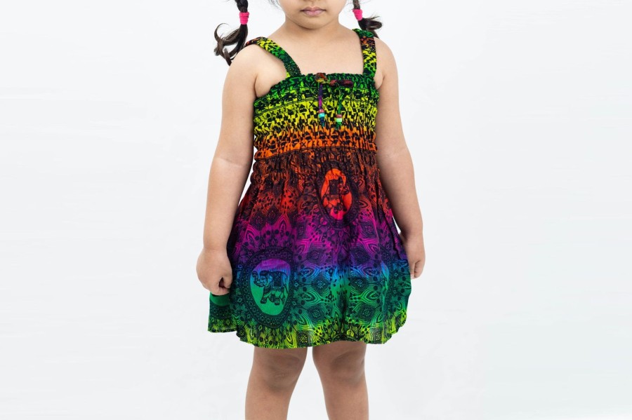 Kids HaremPants | Kids Rainbow Elephant Smock Dress In Green