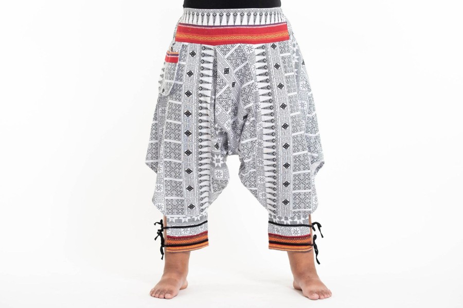 Plus Size HaremPants | Plus Size Traditional Prints Thai Hill Tribe Fabric Men'S Harem Pants With Ankle Straps In White