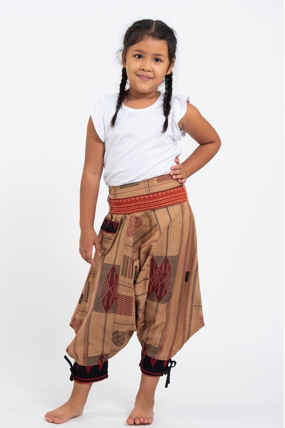 Kids HaremPants | Thai Hill Tribe Fabric Kids Harem Pants With Ankle Straps In Beige