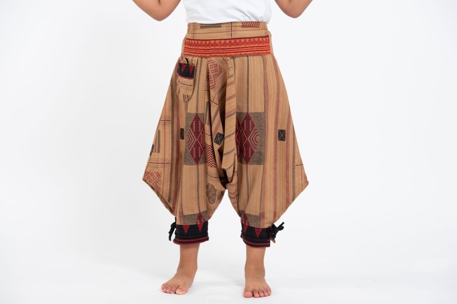 Kids HaremPants | Thai Hill Tribe Fabric Kids Harem Pants With Ankle Straps In Beige