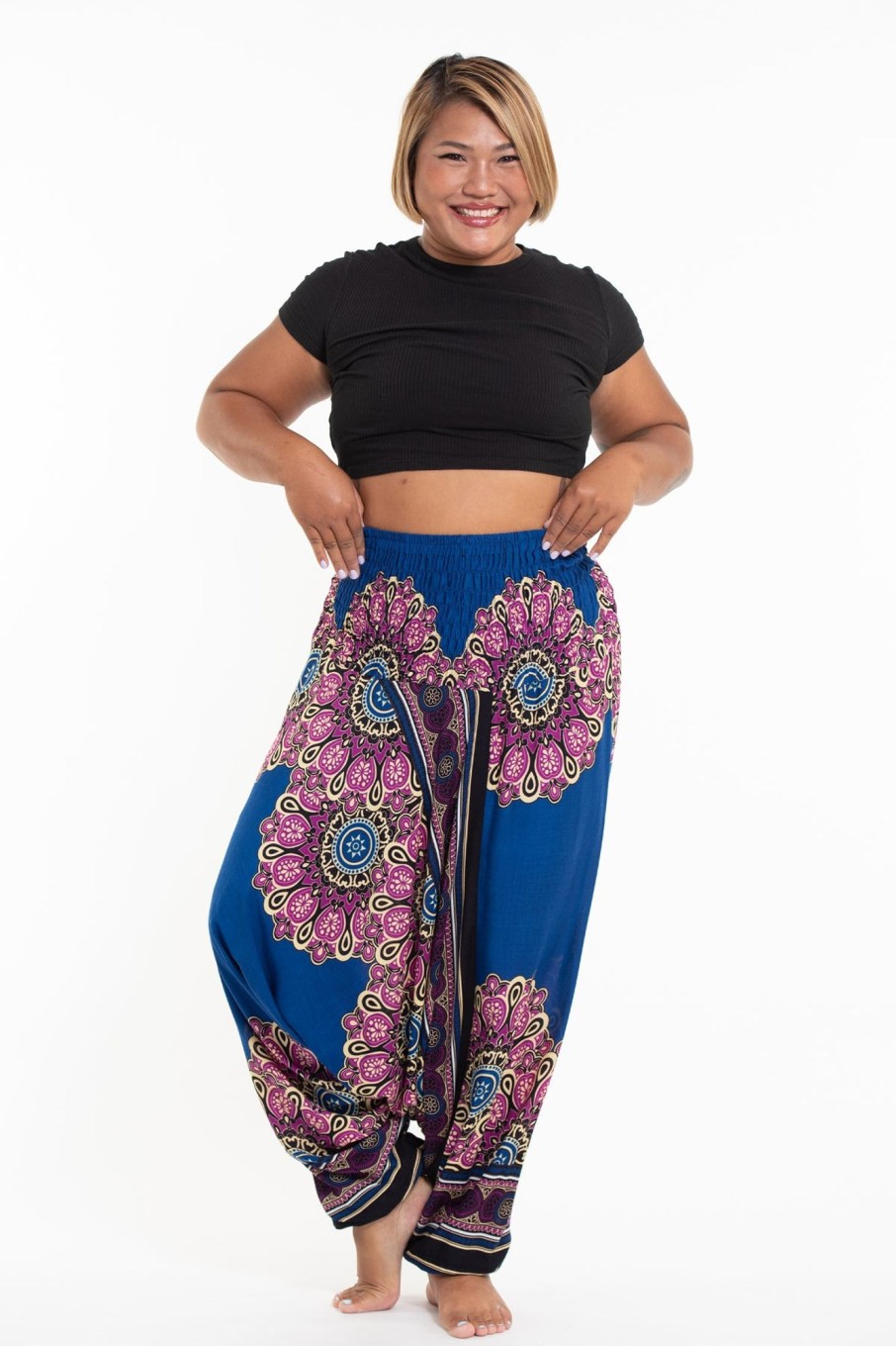 Plus Size HaremPants | Plus Size Peony Mandalas 2-In-1 Jumpsuit Harem Pants In Blue