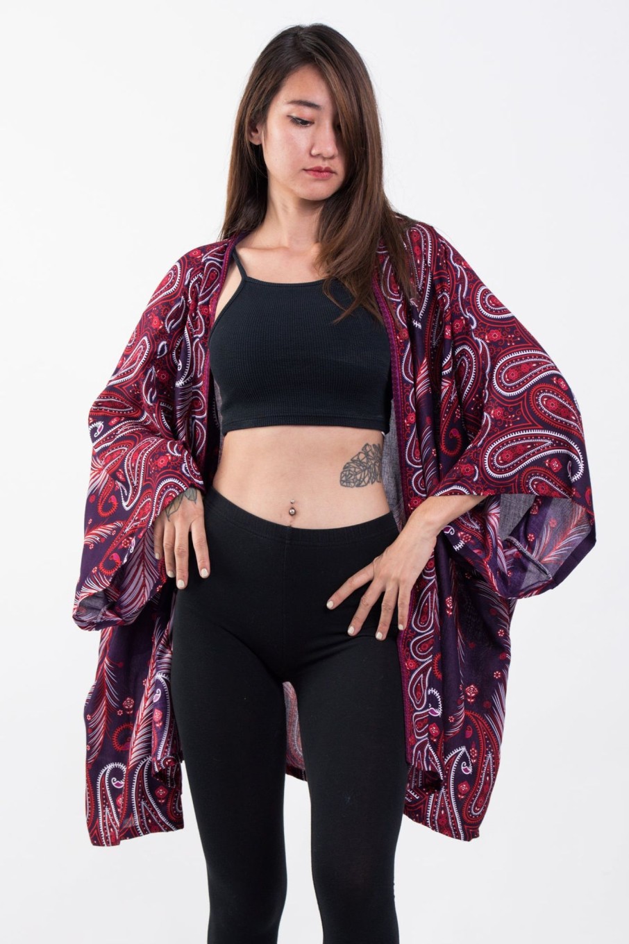 Plus Size HaremPants | Paisley Feathers Kimono Cardigan In Purple