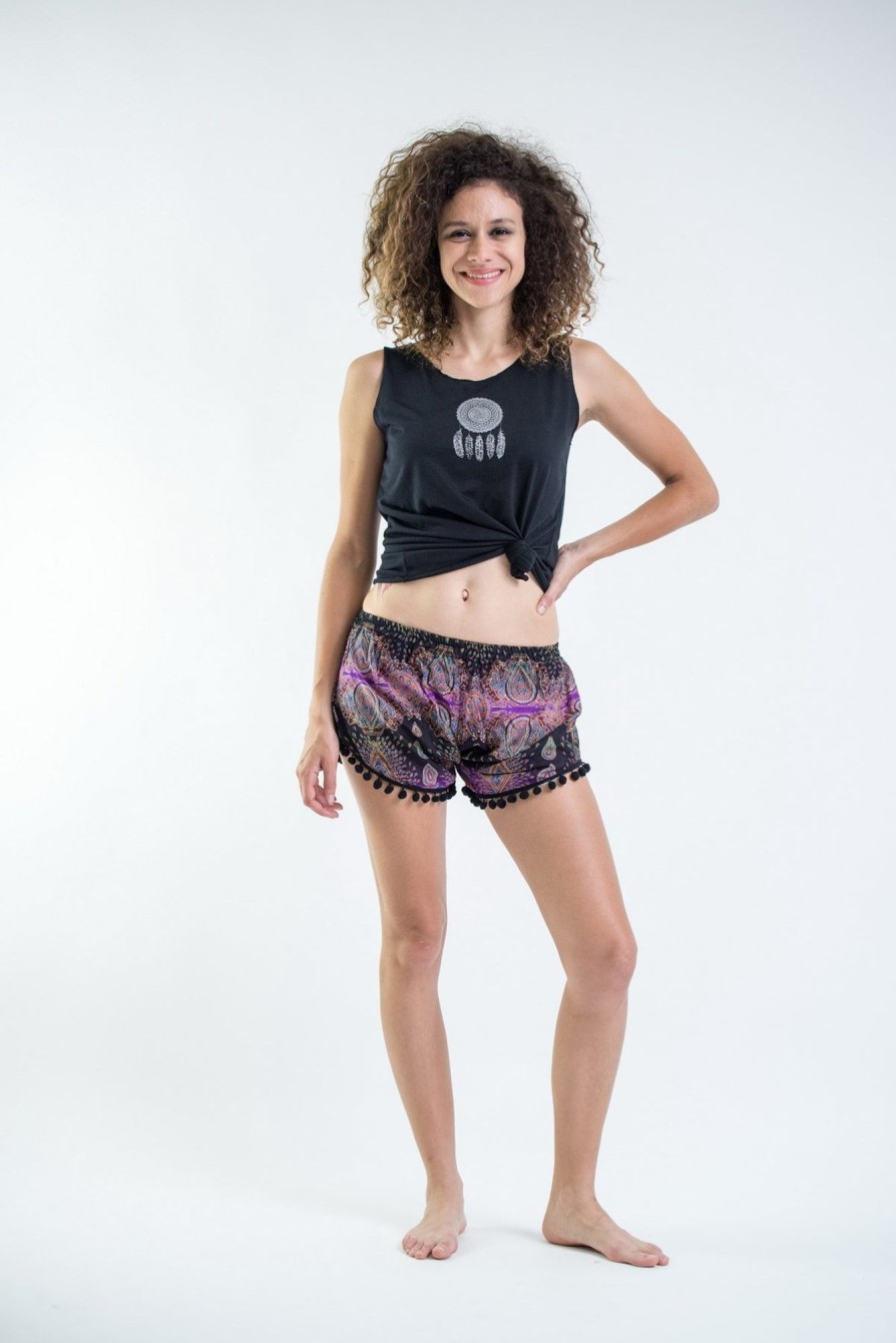 Women HaremPants | Paisley Pom Pom Shorts In Purple/Black