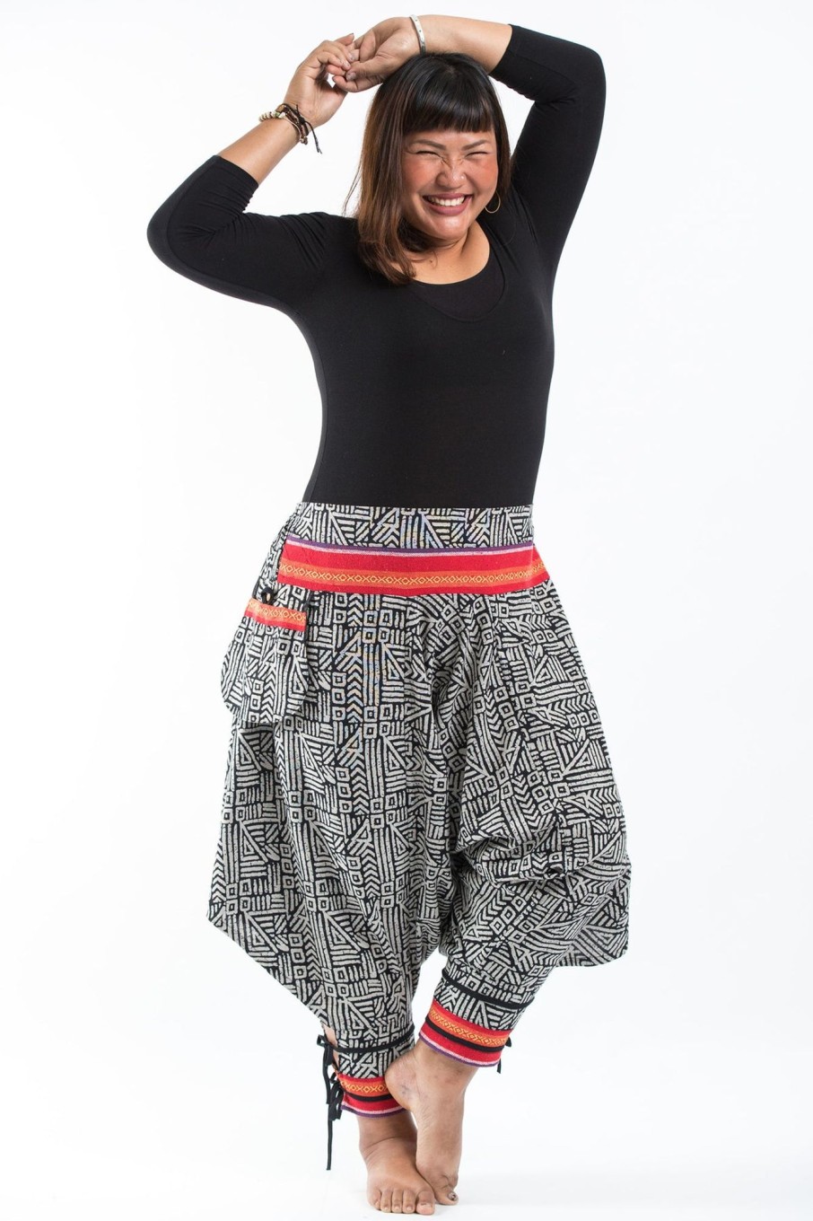 Women HaremPants | Plus Size Woven Prints Thai Hill Tribe Fabric Women Harem Pants With Ankle Straps In Black