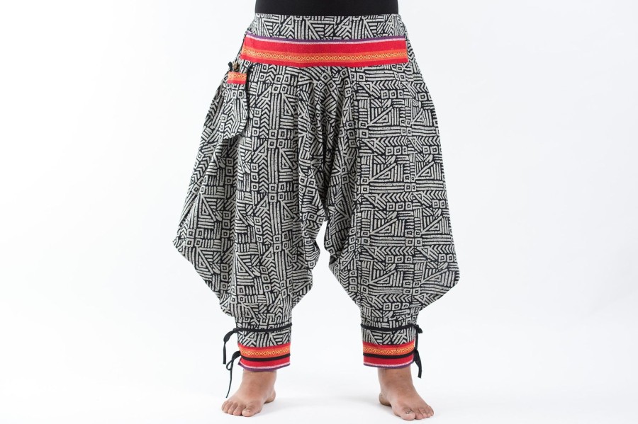 Women HaremPants | Plus Size Woven Prints Thai Hill Tribe Fabric Women Harem Pants With Ankle Straps In Black