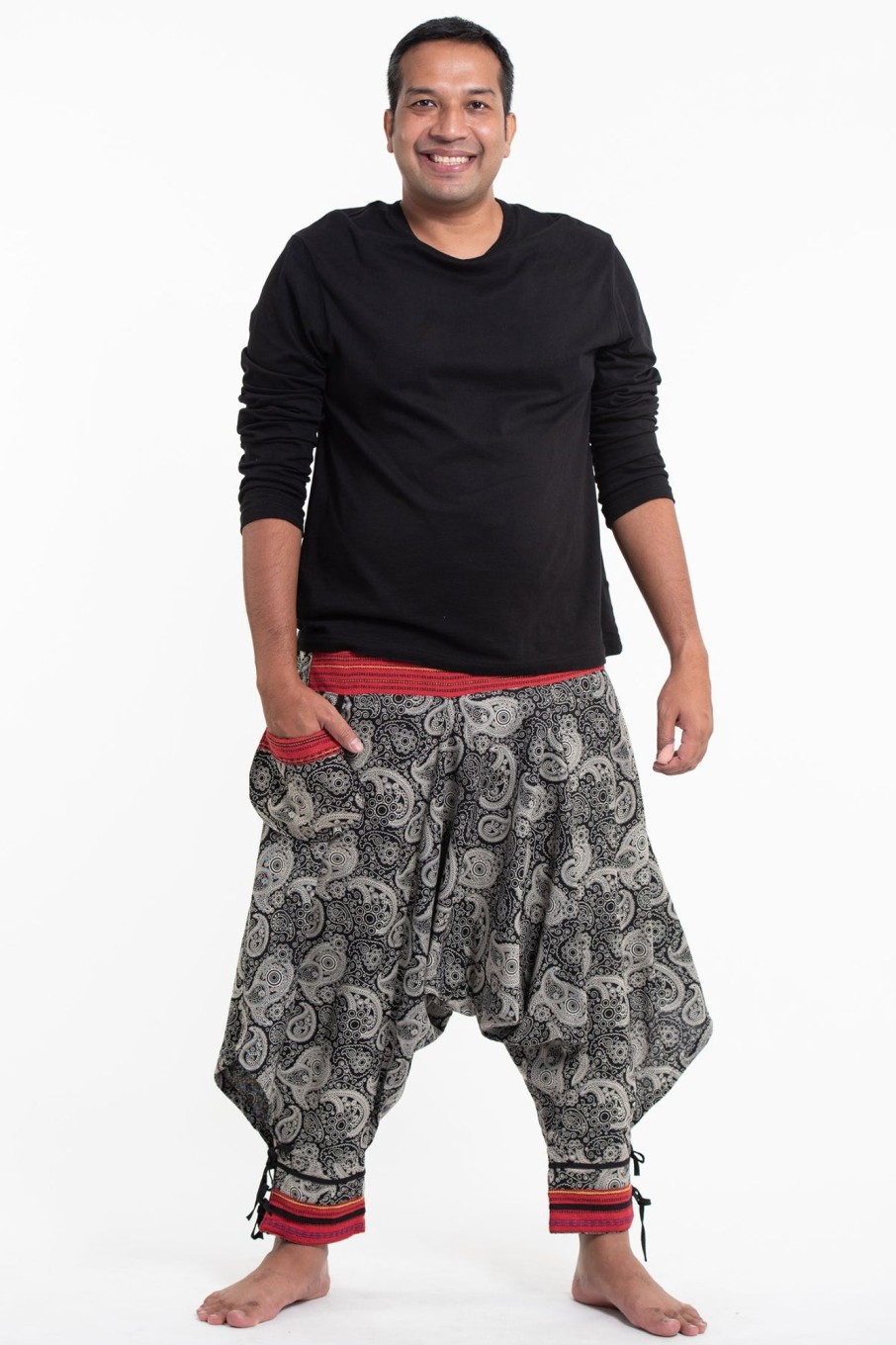 Men HaremPants | Plus Size Paisley Thai Hill Tribe Fabric Men'S Harem Pants With Ankle Straps Black