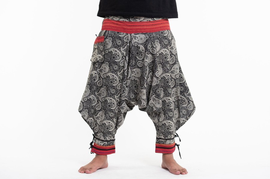 Men HaremPants | Plus Size Paisley Thai Hill Tribe Fabric Men'S Harem Pants With Ankle Straps Black