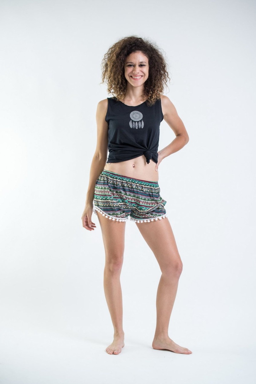 Women HaremPants | Aztec Stripes Pom Pom Shorts In Aqua/White