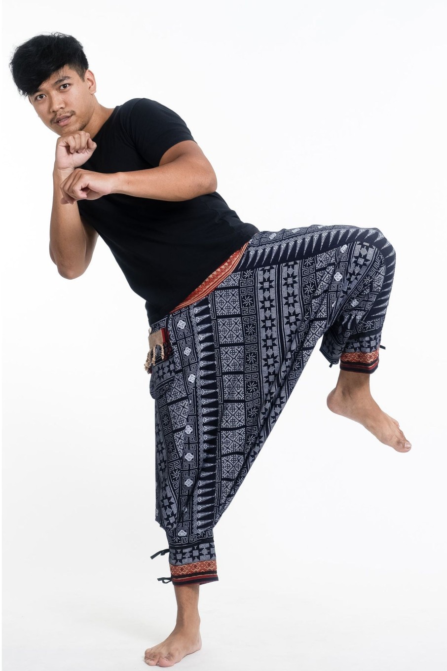 Men HaremPants | Traditional Prints Thai Hill Tribe Fabric Men'S Harem Pants With Ankle Straps In Navy