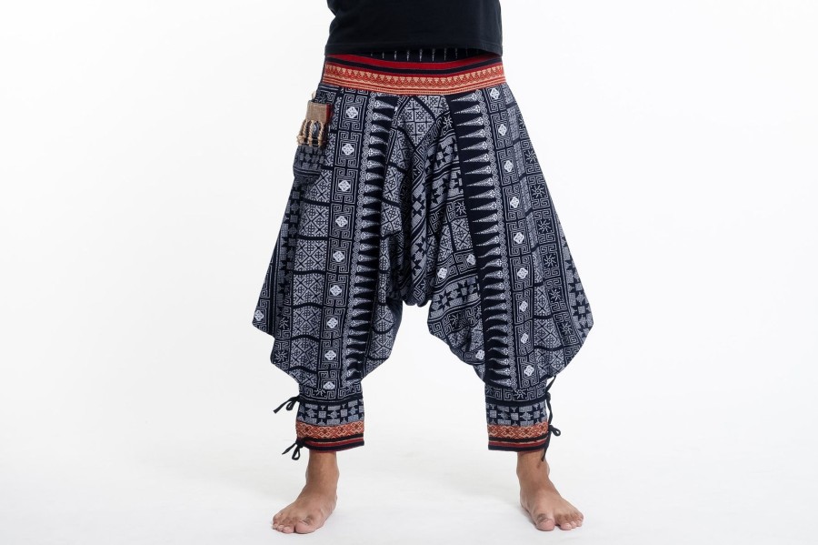 Men HaremPants | Traditional Prints Thai Hill Tribe Fabric Men'S Harem Pants With Ankle Straps In Navy