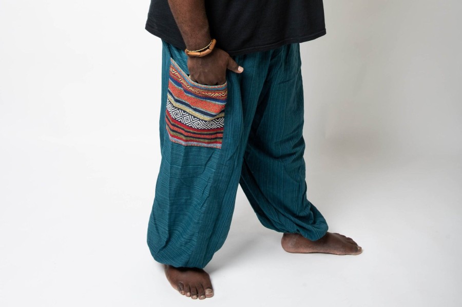 Plus Size HaremPants | Plus Size Men'S Drawstring Pinstripes Cotton Pants With Aztec Pocket In Turquoise