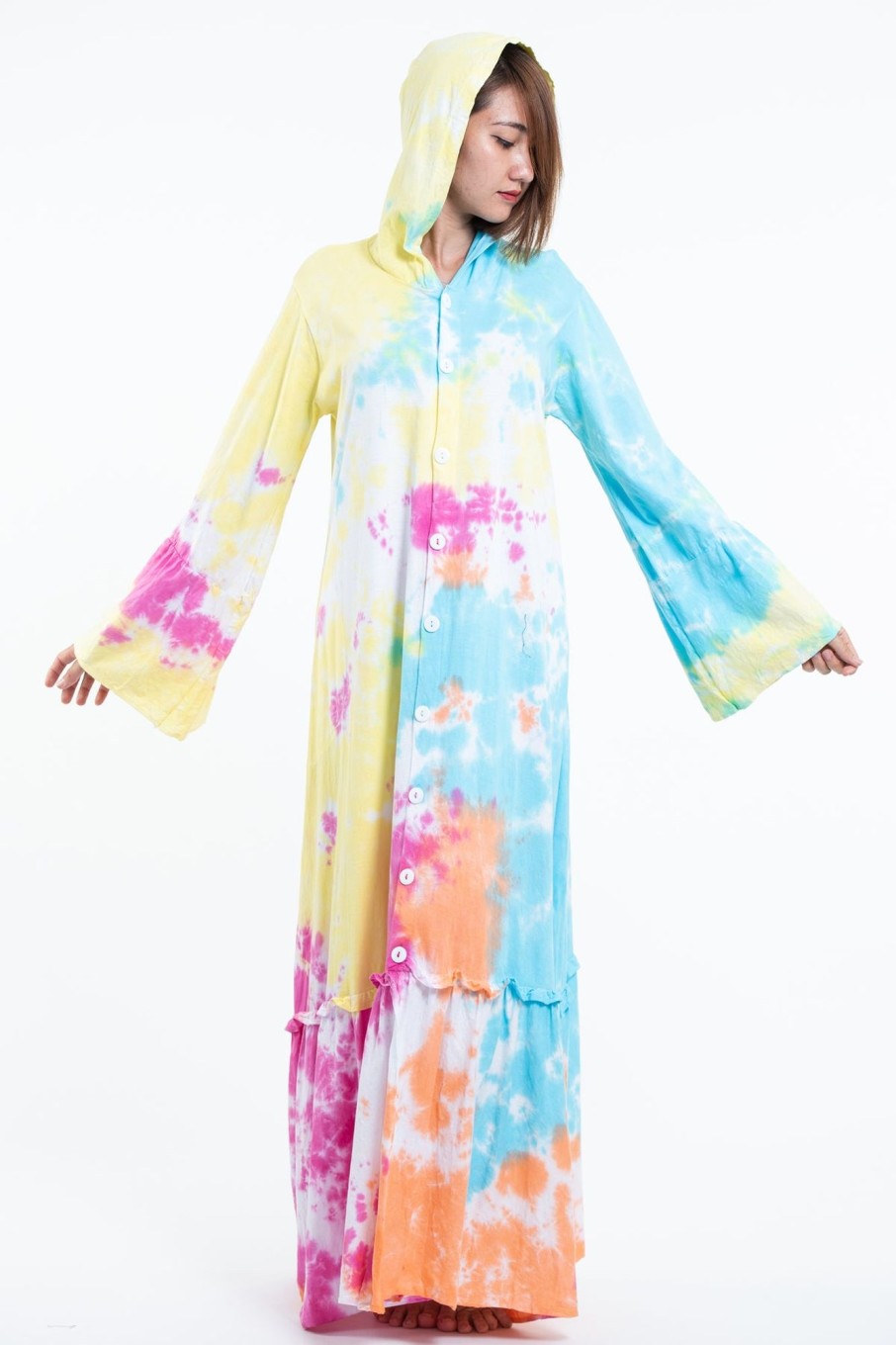 Women HaremPants | Tie Dye Hoodie Long Sleeve Maxi Dress In Cotton Candy Pink