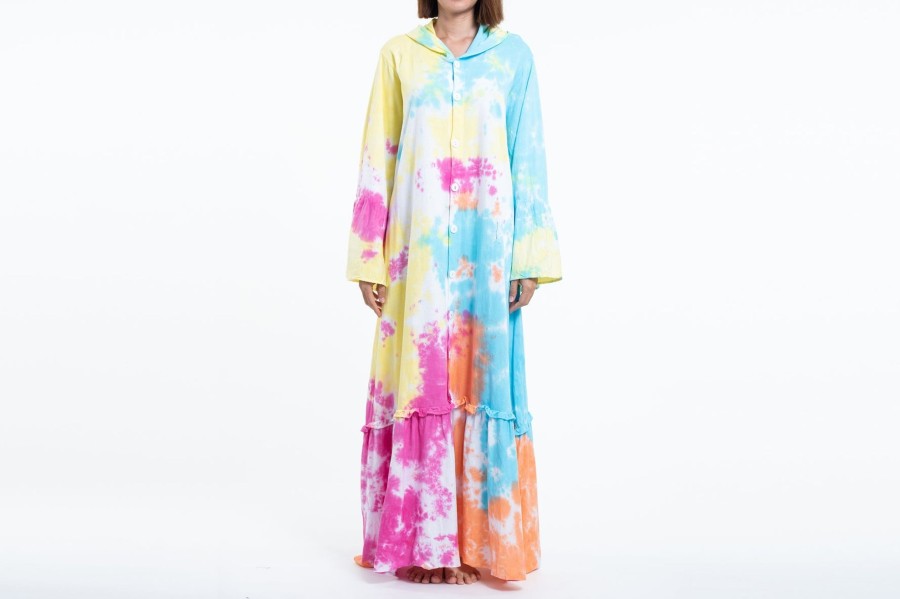 Women HaremPants | Tie Dye Hoodie Long Sleeve Maxi Dress In Cotton Candy Pink